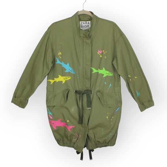 Small ZARA Basic x Maui & Sons SHARK Utility Jacket Army~Olive Embroider Paint - Picture 1 of 16